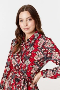 Printed Tie Waist Midi Shirt Dress -Hallmark Style D732625 MULTI RED 4