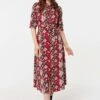 Printed Tie Waist Midi Shirt Dress -Hallmark Style D732625 MULTI RED ALT 1