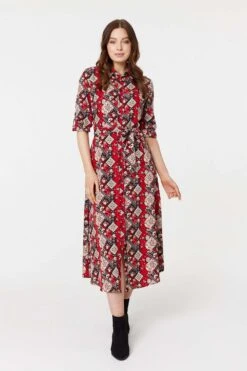 Printed Tie Waist Midi Shirt Dress