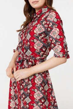 Printed Tie Waist Midi Shirt Dress -Hallmark Style D732625 MULTI RED ALT 4