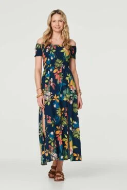 Floral Bardot Side Split Maxi Dress -Hallmark Style D732743 MULTI NAVY 1