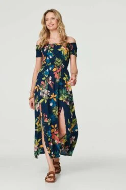 Floral Bardot Side Split Maxi Dress -Hallmark Style D732743 MULTI NAVY 2