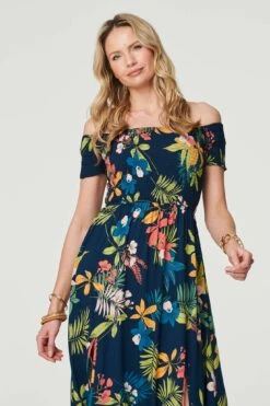 Floral Bardot Side Split Maxi Dress -Hallmark Style D732743 MULTI NAVY 3