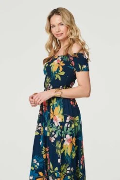 Floral Bardot Side Split Maxi Dress -Hallmark Style D732743 MULTI NAVY 4