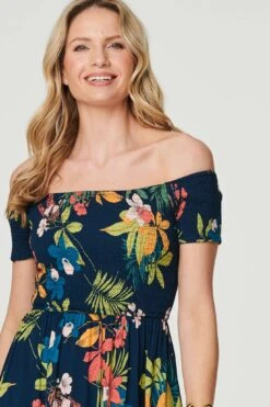 Floral Bardot Side Split Maxi Dress -Hallmark Style D732743 MULTI NAVY 5