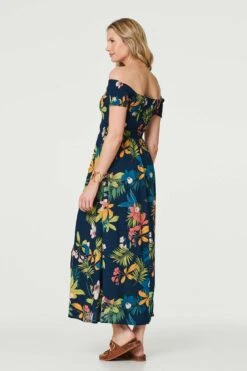 Floral Bardot Side Split Maxi Dress -Hallmark Style D732743 MULTI NAVY 6