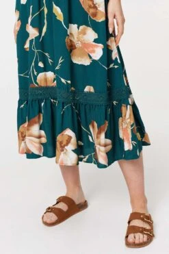 Floral Lace Trim A-Line Midi Dress -Hallmark Style D732776 MULTI GREEN 6