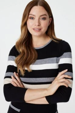 Striped 3/4 Sleeve Knit Dress -Hallmark Style KD162998 MULTI BLACK 5