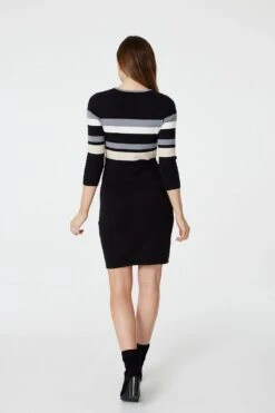 Striped 3/4 Sleeve Knit Dress -Hallmark Style KD162998 MULTI BLACK 7