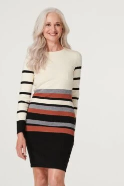 Stripy Long Sleeve Knit Dress -Hallmark Style KD166794 MULTI BLACK 2