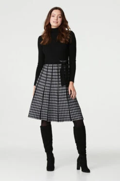 Checked High Neck Knit Dress -Hallmark Style KD168280 BLACK 1