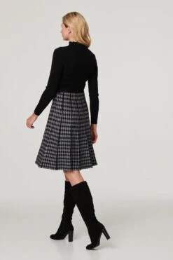 Checked High Neck Knit Dress -Hallmark Style KD168280 MULTI BLACK 6