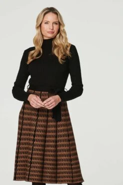 High Neck Midi Skater Knit Dress -Hallmark Style KD168291 BLACK 2