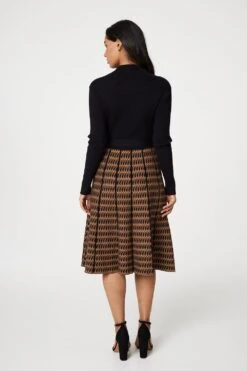 High Neck Midi Skater Knit Dress -Hallmark Style KD168291 MULTI BLACK 4