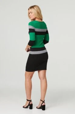 Striped Colour Block Knit Dress -Hallmark Style KD168961 MULTI GREEN 5