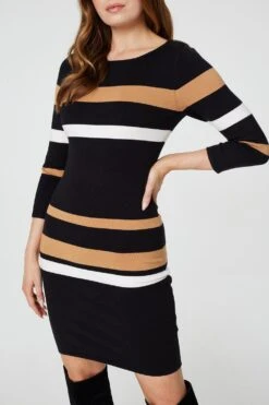 Striped Bodycon Knit Dress -Hallmark Style KD168962 MULTI BLACK 5