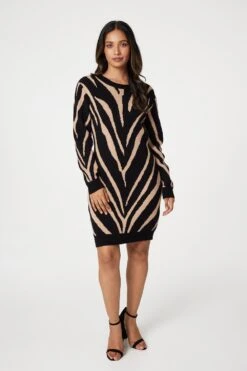 Animal Print Short Knit Dress -Hallmark Style KD169384 MULTI BLACK 1