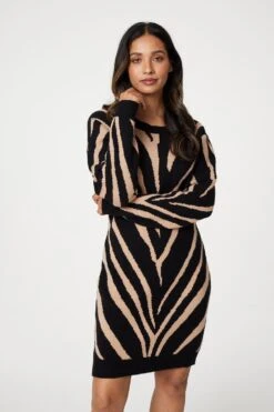 Animal Print Short Knit Dress -Hallmark Style KD169384 MULTI BLACK 3