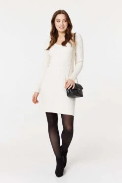 Plain Ribbed Knit Mini Dress -Hallmark Style KD170958 WHITE 2