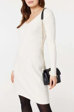 Plain Ribbed Knit Mini Dress -Hallmark Style KD170958 WHITE 5