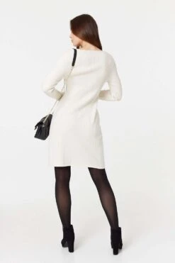Plain Ribbed Knit Mini Dress -Hallmark Style KD170958 WHITE 6