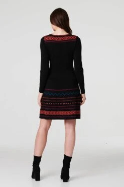 Printed Knit Skater Dress With Scarf -Hallmark Style KD171026 MULTI BLACK ALT 5