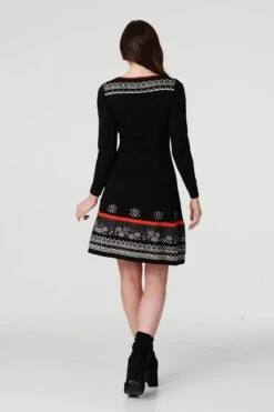 Printed LongSleeve Knit Dress -Hallmark Style KD171027 MULTI BLACK ALT 6
