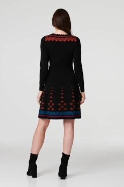 Printed Fit & Flare Dress With Scarf -Hallmark Style KD171028 MULTI BLACK ALT 4